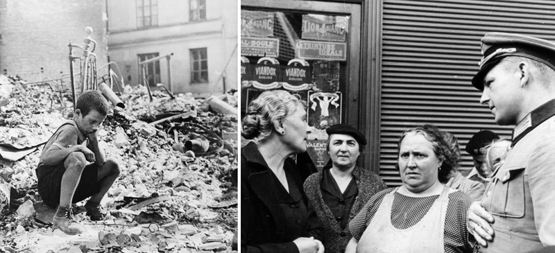 Links: Polenfeldzug 1939: Ryszard Pajewski, 9-jähriger Junge, in den Ruinen in Warschau, September 1939. Foto: Julien Bryan, public domain. Rechts: Westfeldzug, Frankreich, Juni 1940. Deutscher Soldat im Gespräch mit einheimischen Frauen. © Bundesarchiv